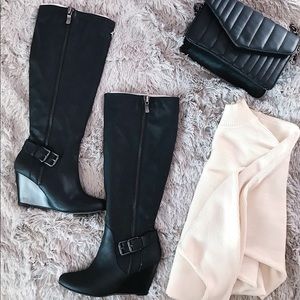 BCBG Black Leather Wedge Boots